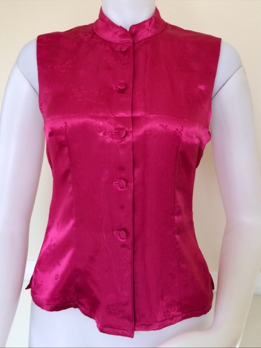 handmade vintage dark pink satin sleeveless top with standing collar